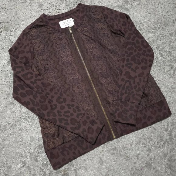 EVY'S TREE Leopars Knit Pieced Jacket, Lace Front Panel, Chocolate Brown, XL - Picture 13 of 16